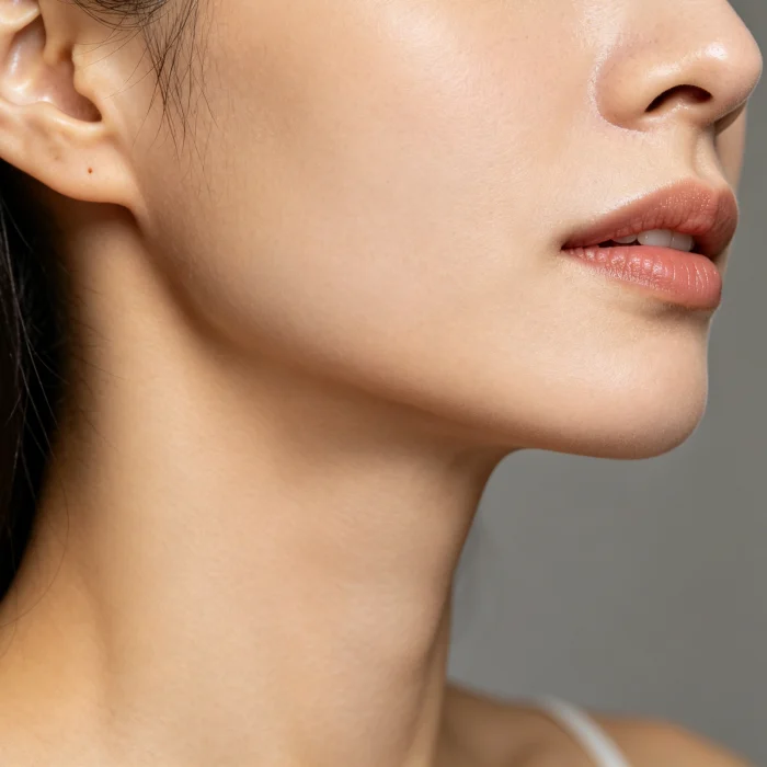A close-up of a woman's jawline and neck area showing visible tightening after several weeks of HIFU treatment