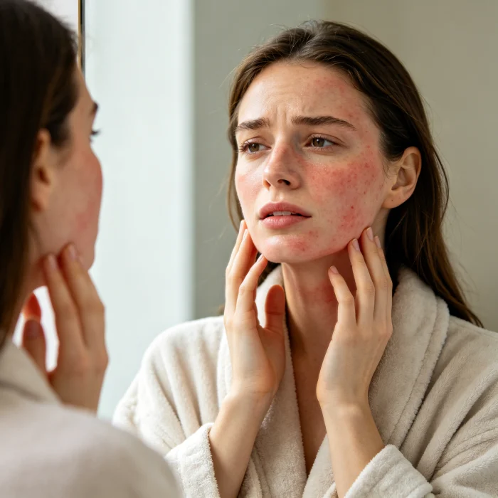 A person looking in a mirror with a slightly puzzled expression shortly after a HIFU treatment