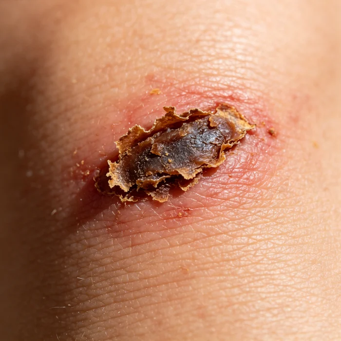close-up of electrolysis scabbing on skin