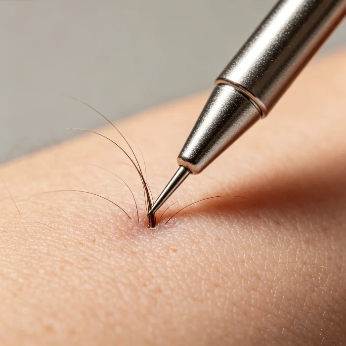 fine electrolysis probe inserted into a hair follicle