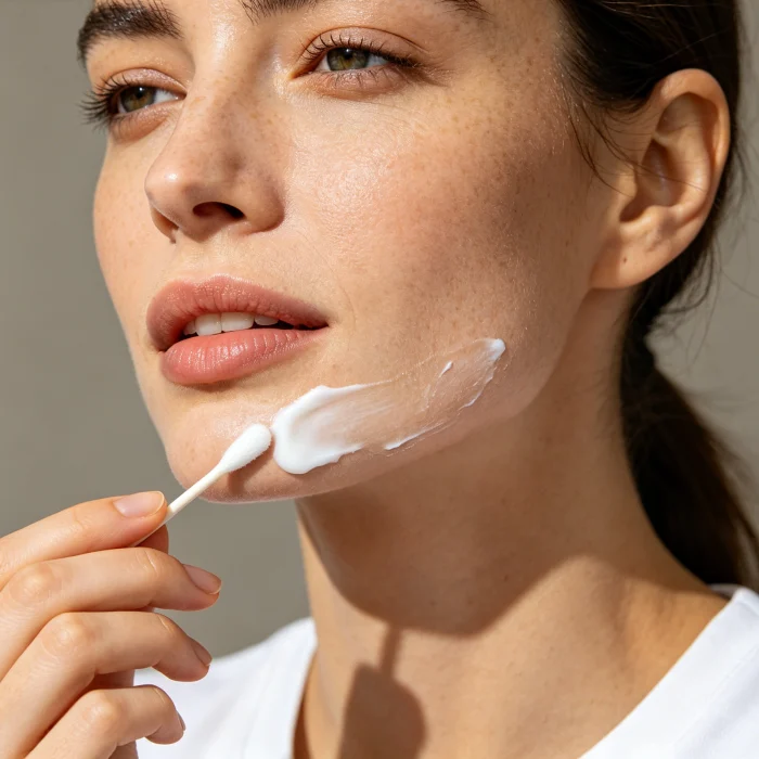 woman applying numbing cream on her chin before electrolysis