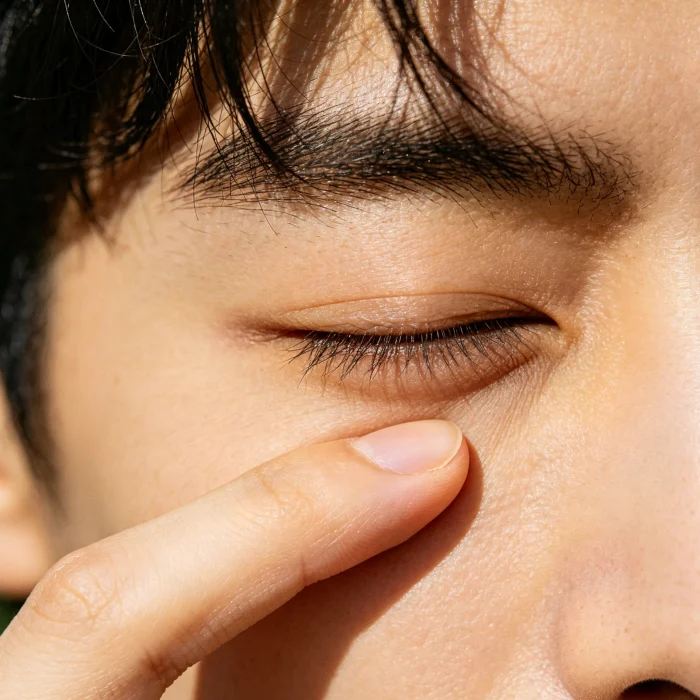 person gently massaging around closed eye with finger, soft lighting