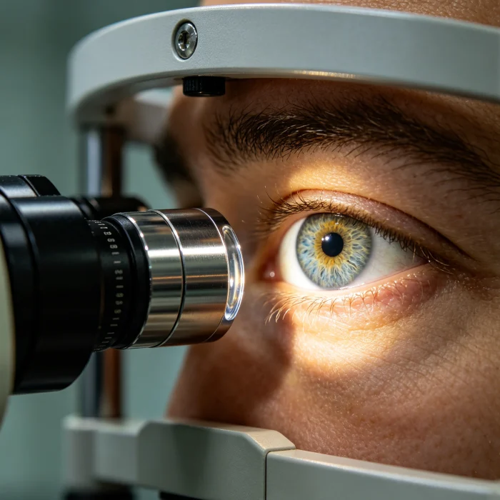 close-up of eye being examined with slit lamp device