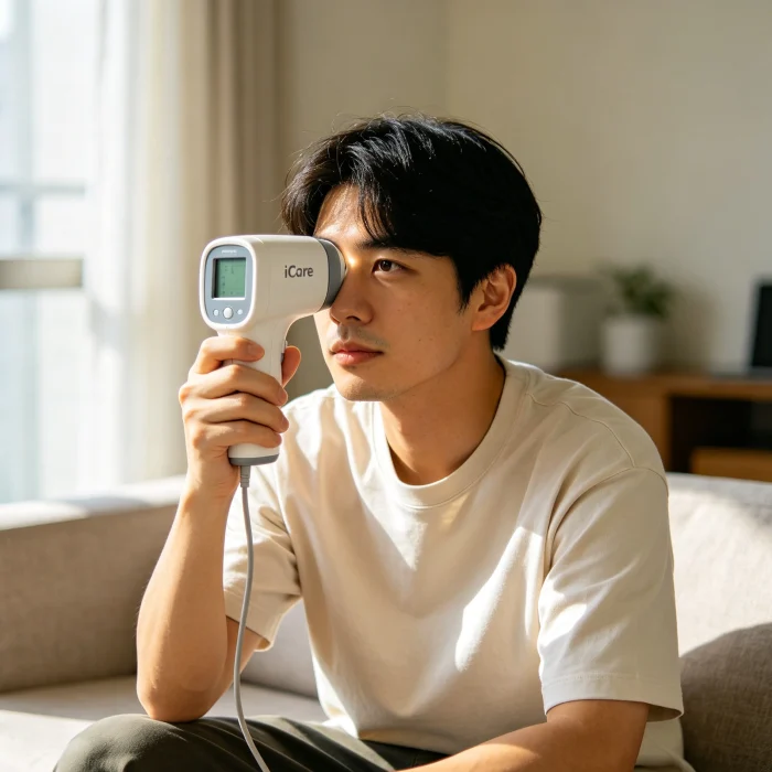 iCare home tonometer being used by person at home