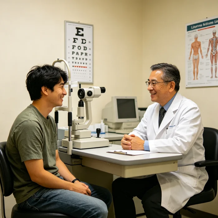 person talking to eye doctor in clinic, both smiling