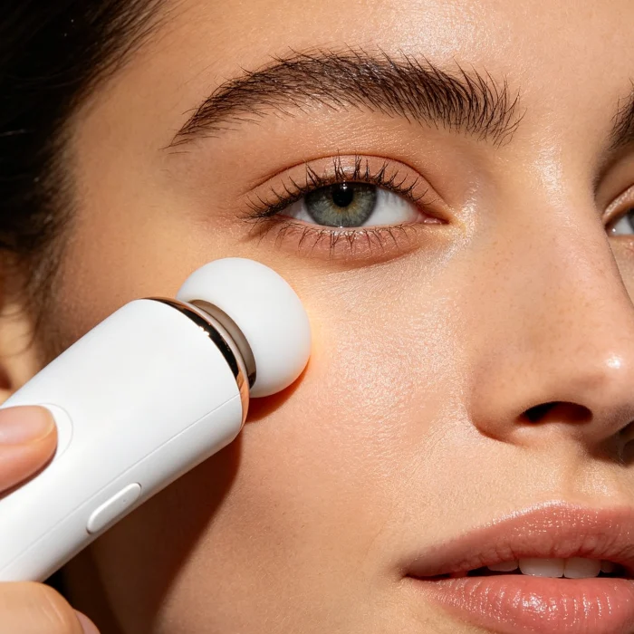 A person holding a white eye massager against their face, close-up shot