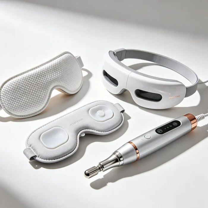 Different eye massagers lined up on a white surface: one with a heating pad, one with air pressure cushion, one microcurrent wand