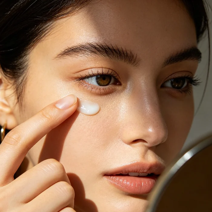 A woman applying a small amount of eye cream with her ring finger, looking in a mirror