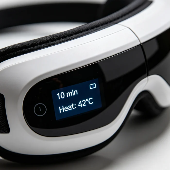 A close-up of an eye massager's touch screen displaying "10 min" and "Heat: 42°C