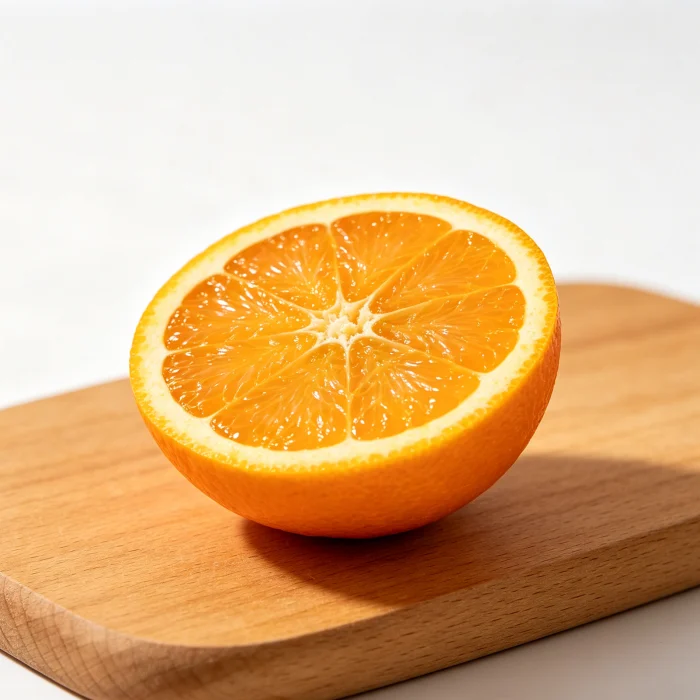 A bright orange halved on a wooden board, with a white background
