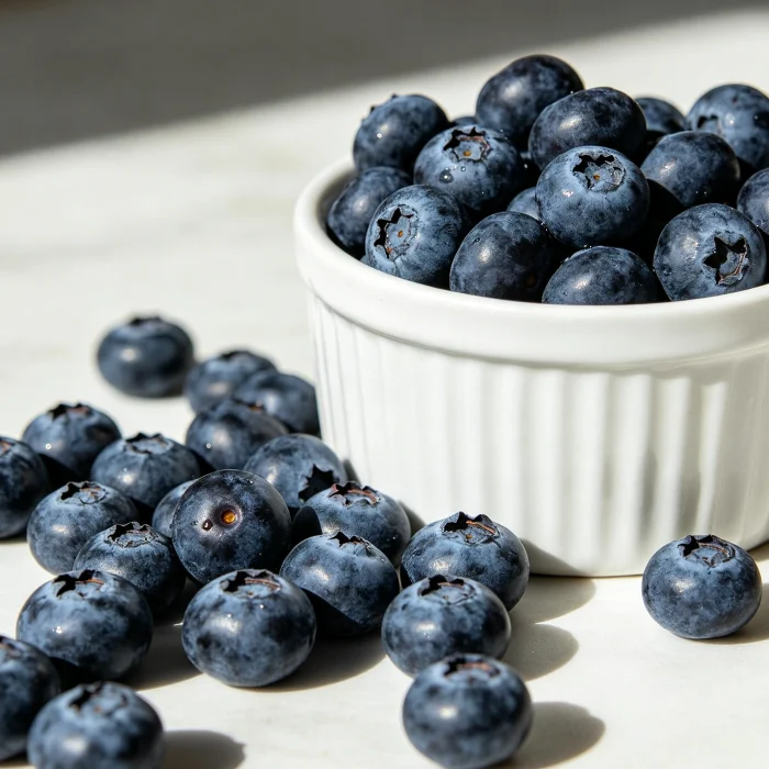 Fresh blueberries in a white ceramic bowl, some scattered on the table