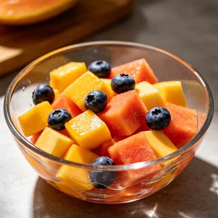 A colorful fruit salad in a clear glass bowl, with mango, papaya, and blueberries