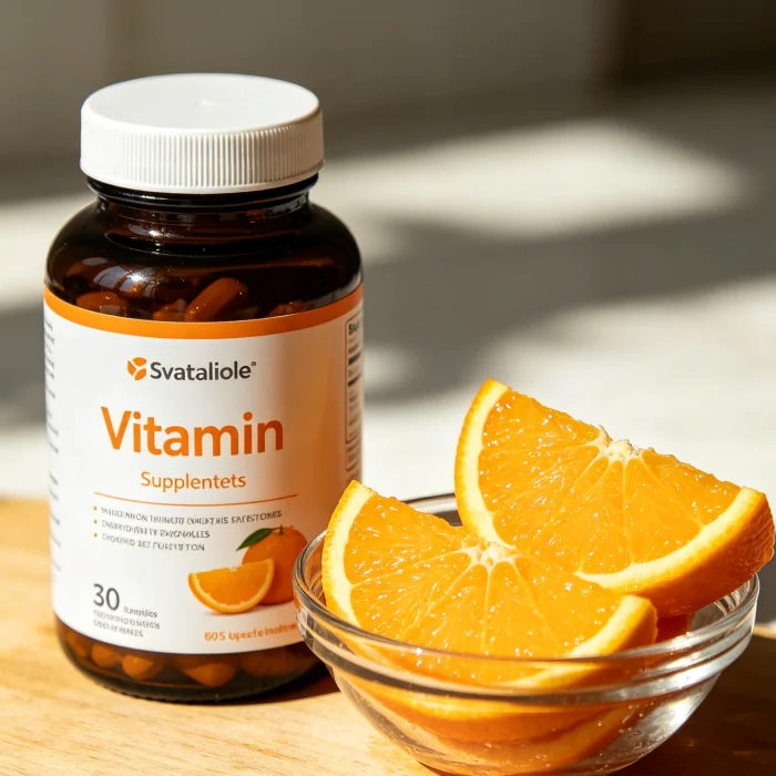 A bottle of vitamin supplements next to a small bowl of fresh orange slices