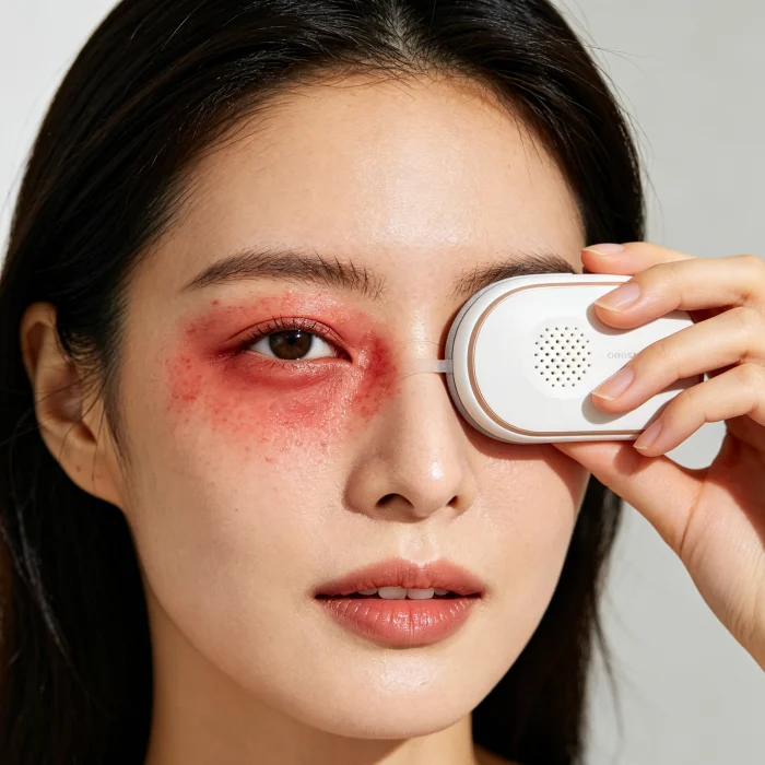 A woman with red irritated skin around her eyes holding a heated eye mask