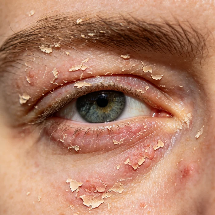 Close-up of an eczema patch on an eyelid with dry flaky skin
