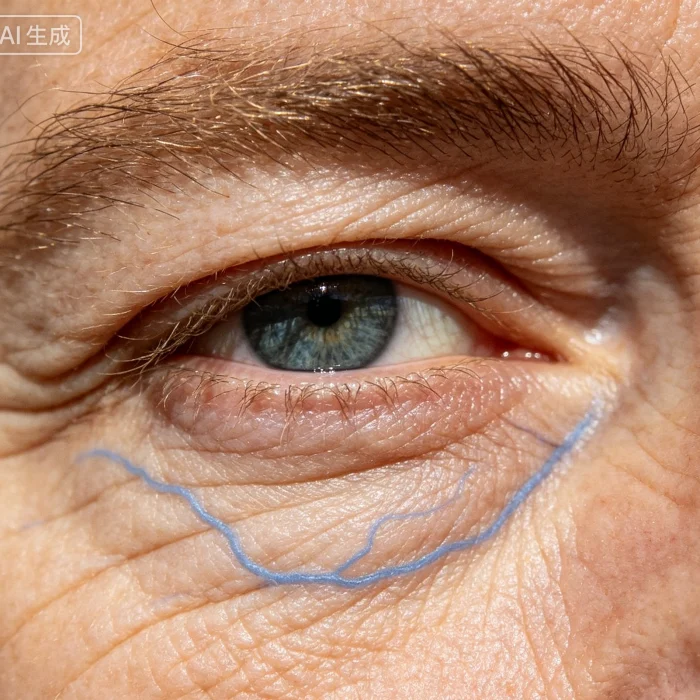 Close-up of thin wrinkled under-eye skin with visible veins