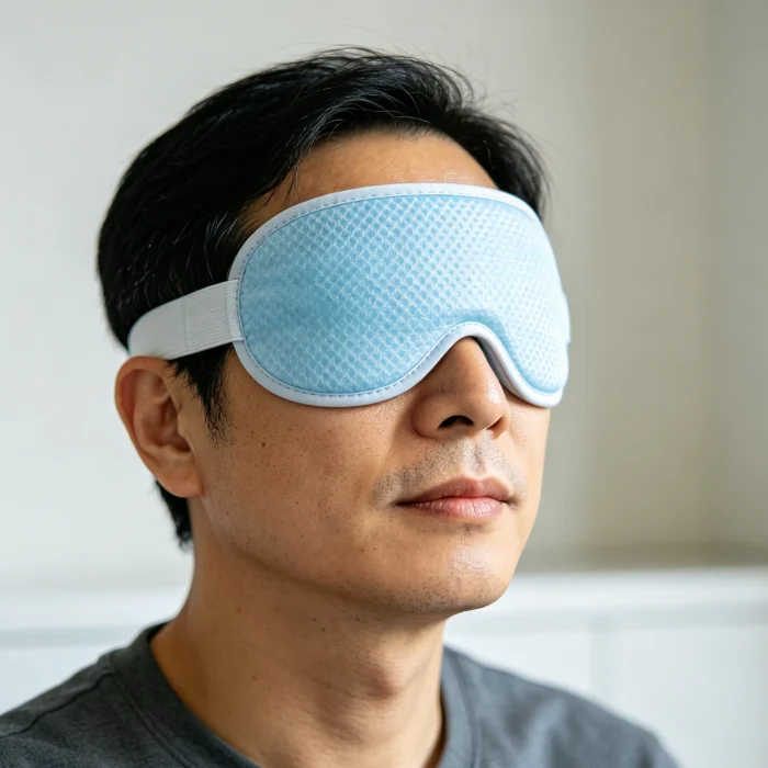 Person with glaucoma using a cool eye mask instead of heated